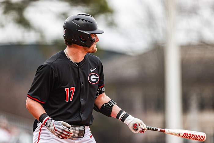 Georgia outfielder Logan Jordan (17) during Georgia’s game against UNC Asheville at Foley Field in Athens, Ga., on Friday, Feb. 16, 2024. (Kari Hodges/UGAAA)